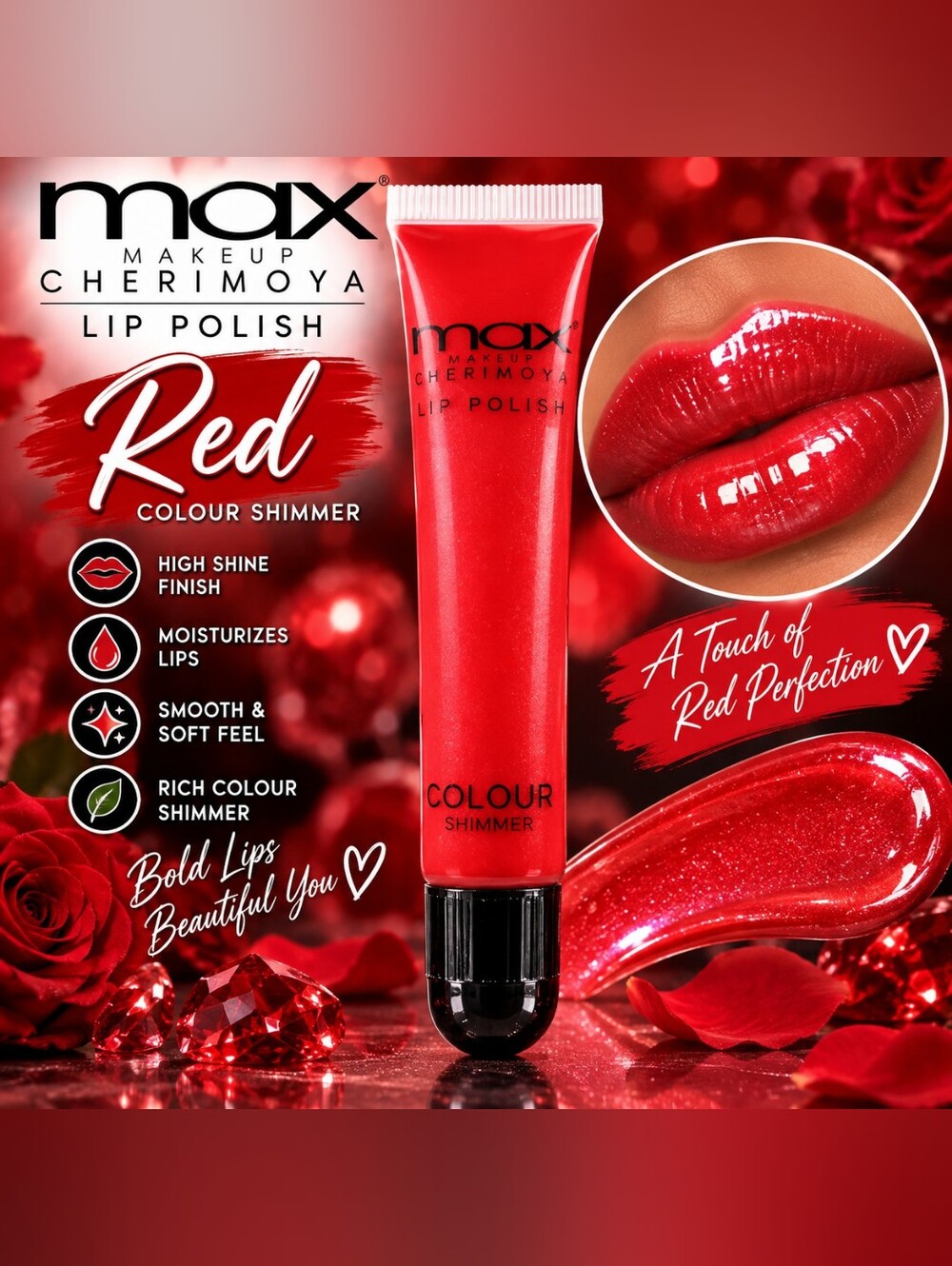 Cherimoya Red Colour Shimmer Lip Polish - High Shine Red Gloss